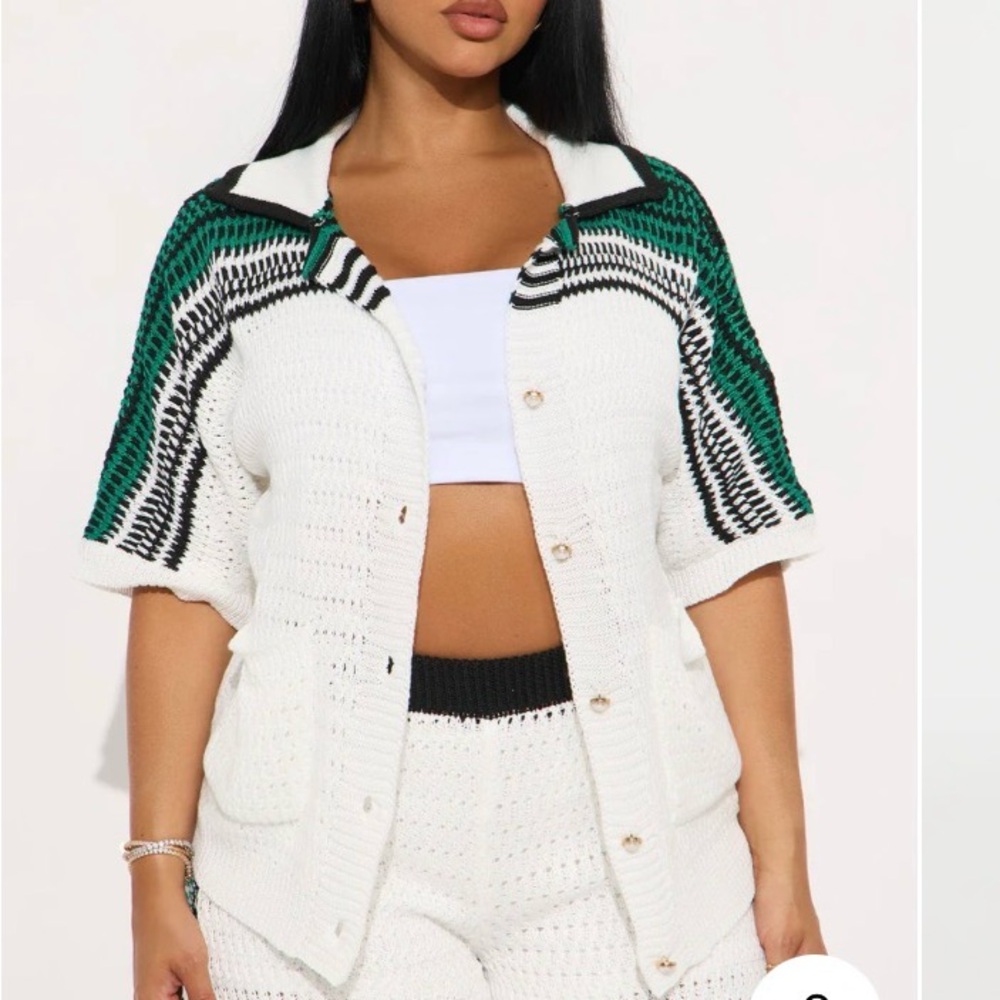 White Knit Short-Sleeve Cardigan with Green & Black Accent